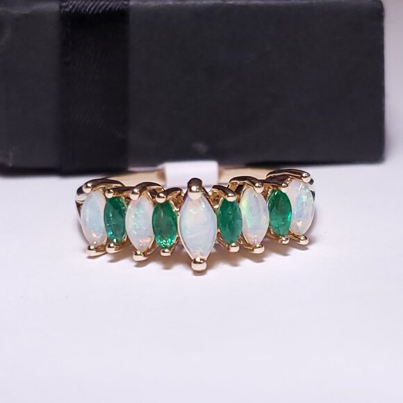 Estate .95ctw Natural Precious Mq Opal & Emerald 14Kt YG Pyramid S-9 Ring #23153 - Picture 5 of 6